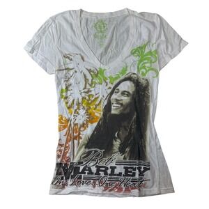 Catch A Fire Bob Marley Graphic Baby Tee Women Medium White 2008 V-Neck Y2K